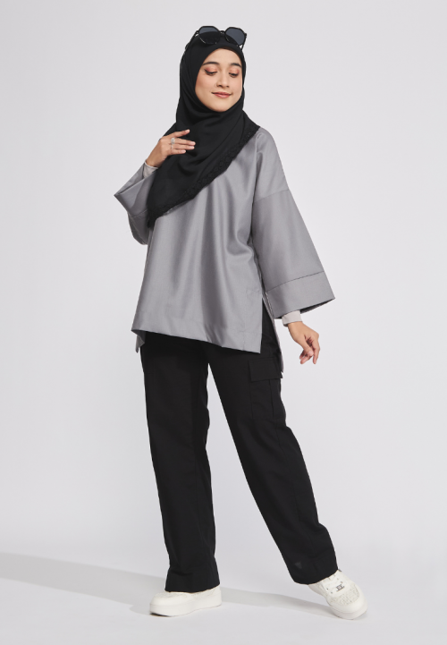 Ressa Cotton Wide Sleeves Blouse Grey